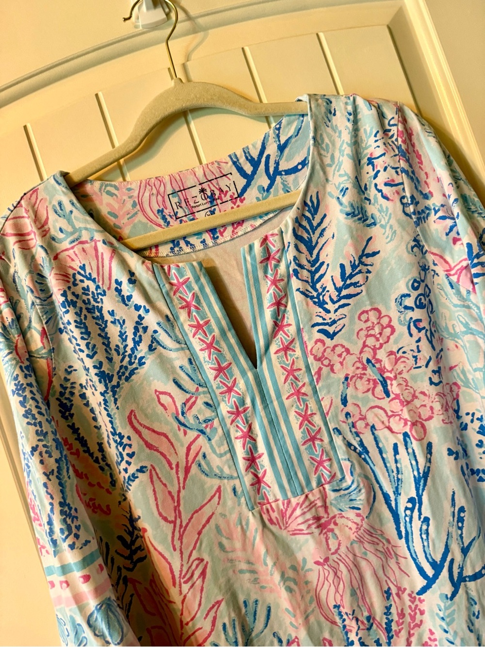 Sea-Inspired Pink & Blue Printed Midi Dress Resortwear Cotton